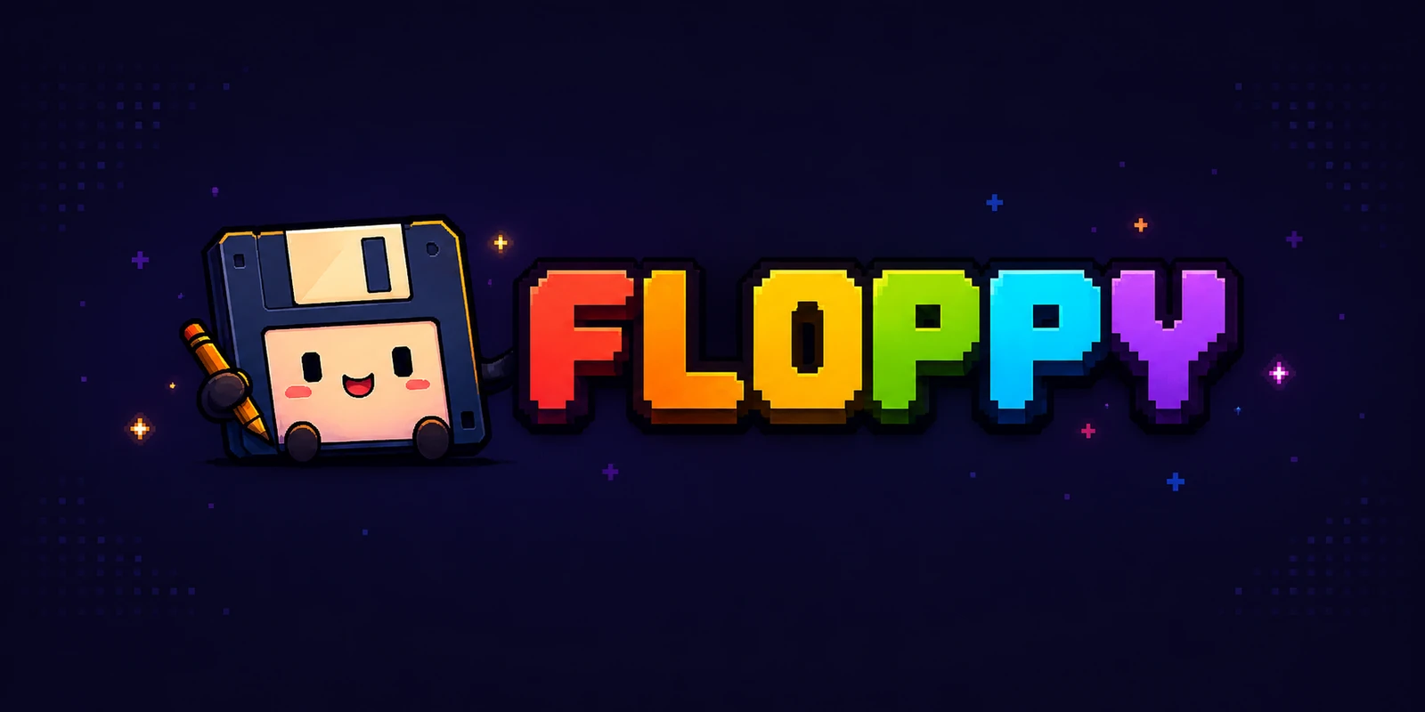Floppy mascot beside the colorful Floppy wordmark