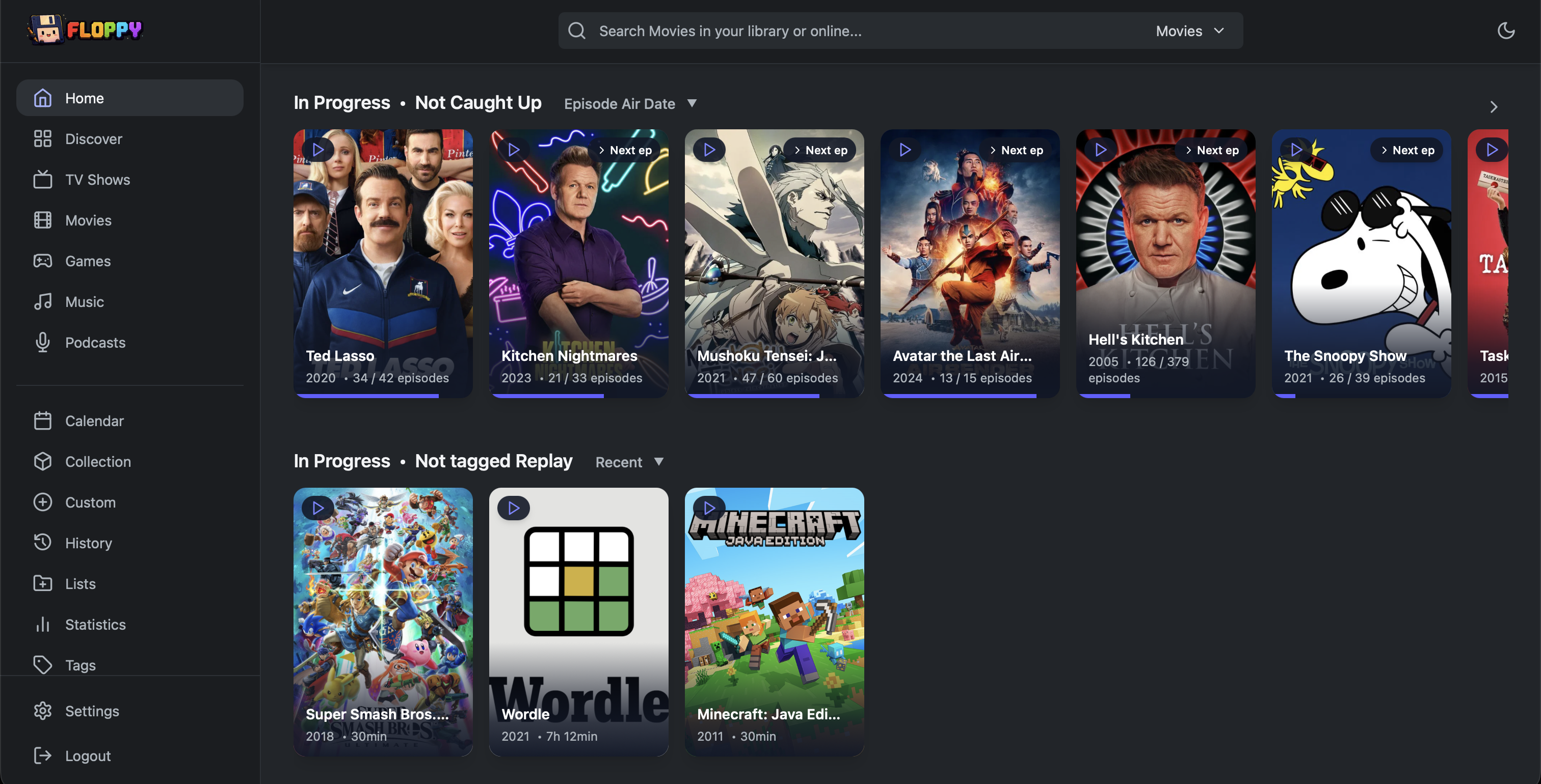 Floppy home screen showing a unified library for TV, movies, anime, and games