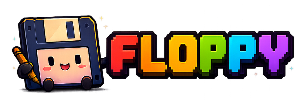 Floppy logo with a smiling floppy disk mascot