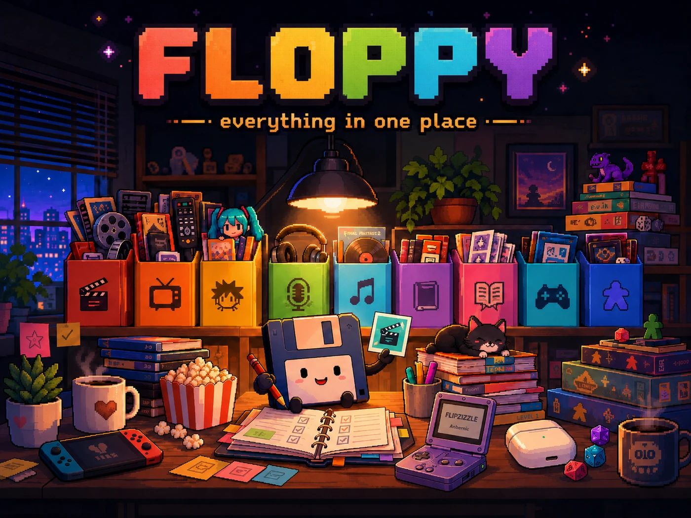 Pixel-art desk filled with movies, television, anime, music, books, games, podcasts, and the Floppy mascot